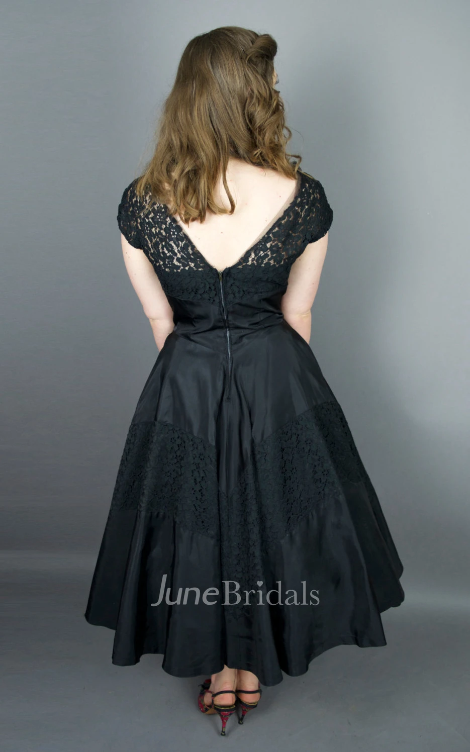 Cap-sleeve Tea-length A-line Satin Dress With Lace