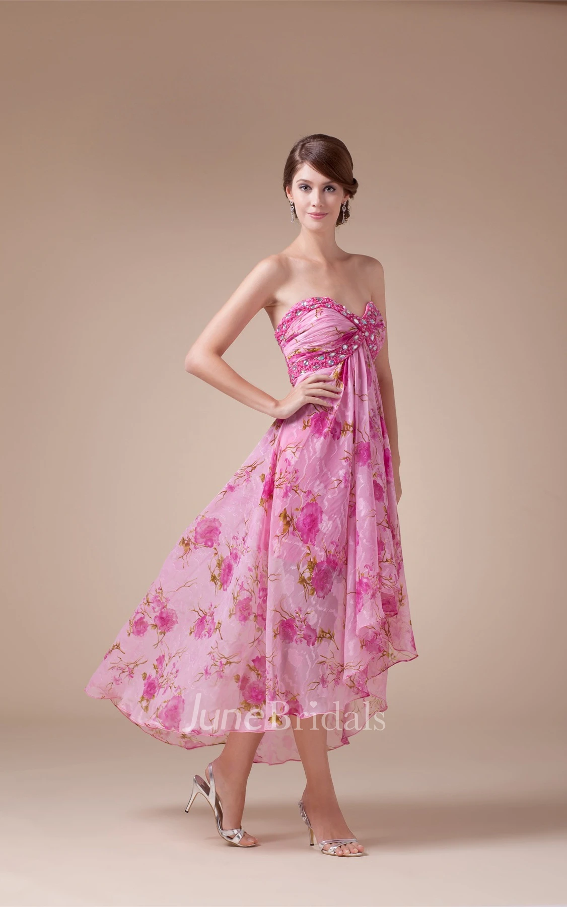 Sweetheart Criss-Cross High-Low Empire Dress with Jewel and Floral Print