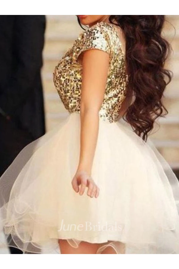 A-line Ball Gown Bateau Short Sleeve Ruffles Sequins Short Mini Tulle Sequins Homecoming Dress