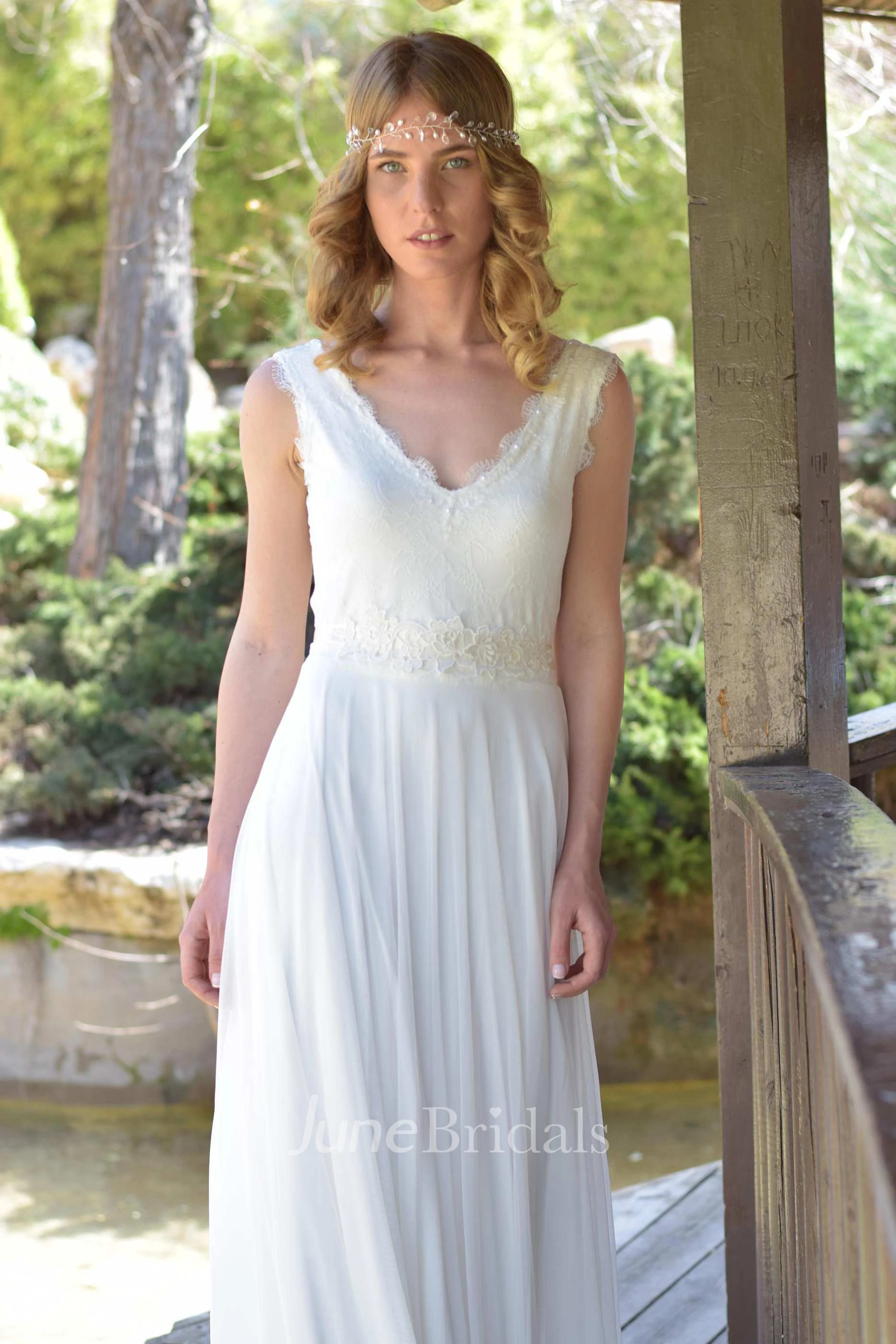 Plunged Sleeveless Chiffon Lace Wedding Dress With Bow And Deep-V Back