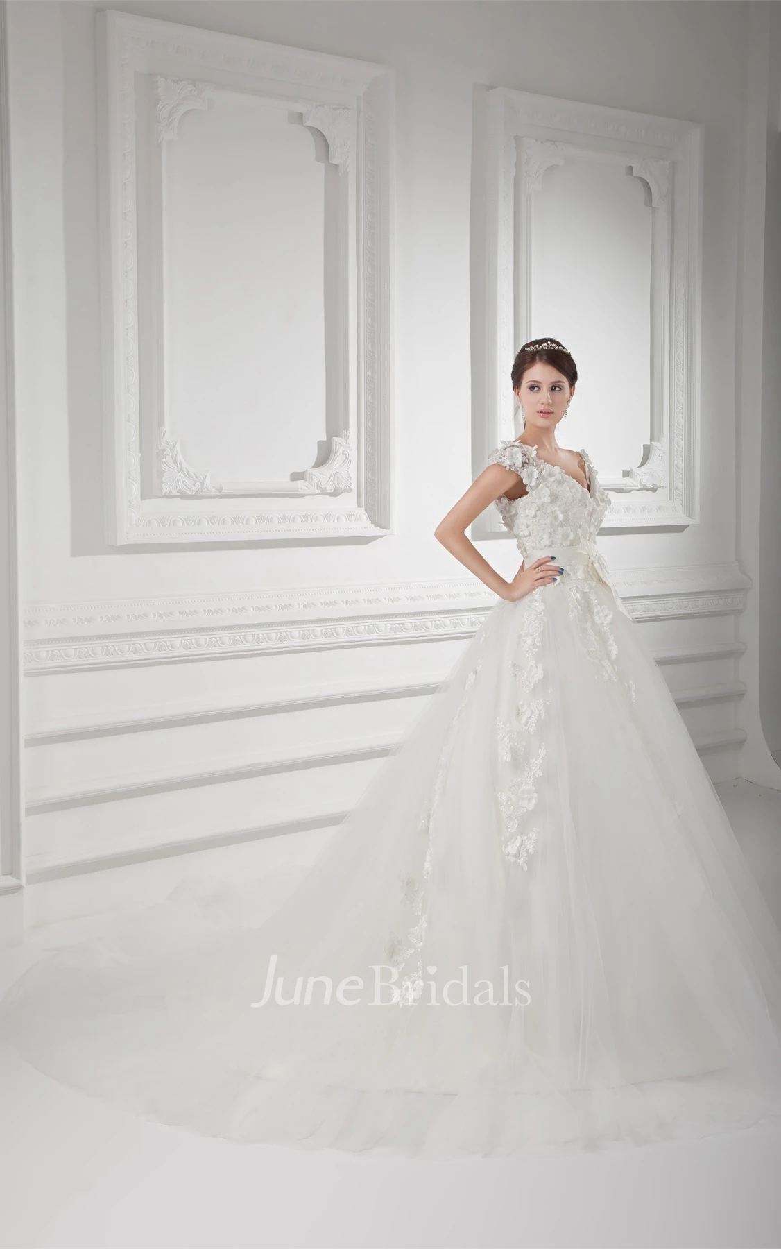 Fairy Caped-Sleeve Lace Ball Gown with Tulle Overlay