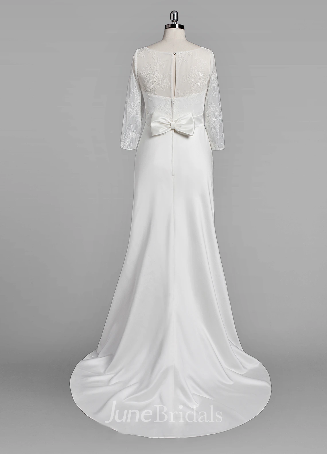 Scoop Neck Long Sleeve Sheath Satin Wedding Dress With Lace Bodice