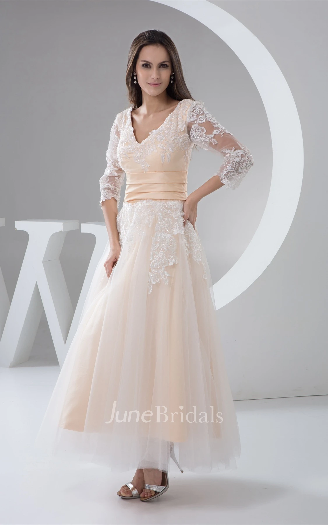 Deep-V-Neck Lace Half-Sleeve Ankle-Length Dress with Pleats