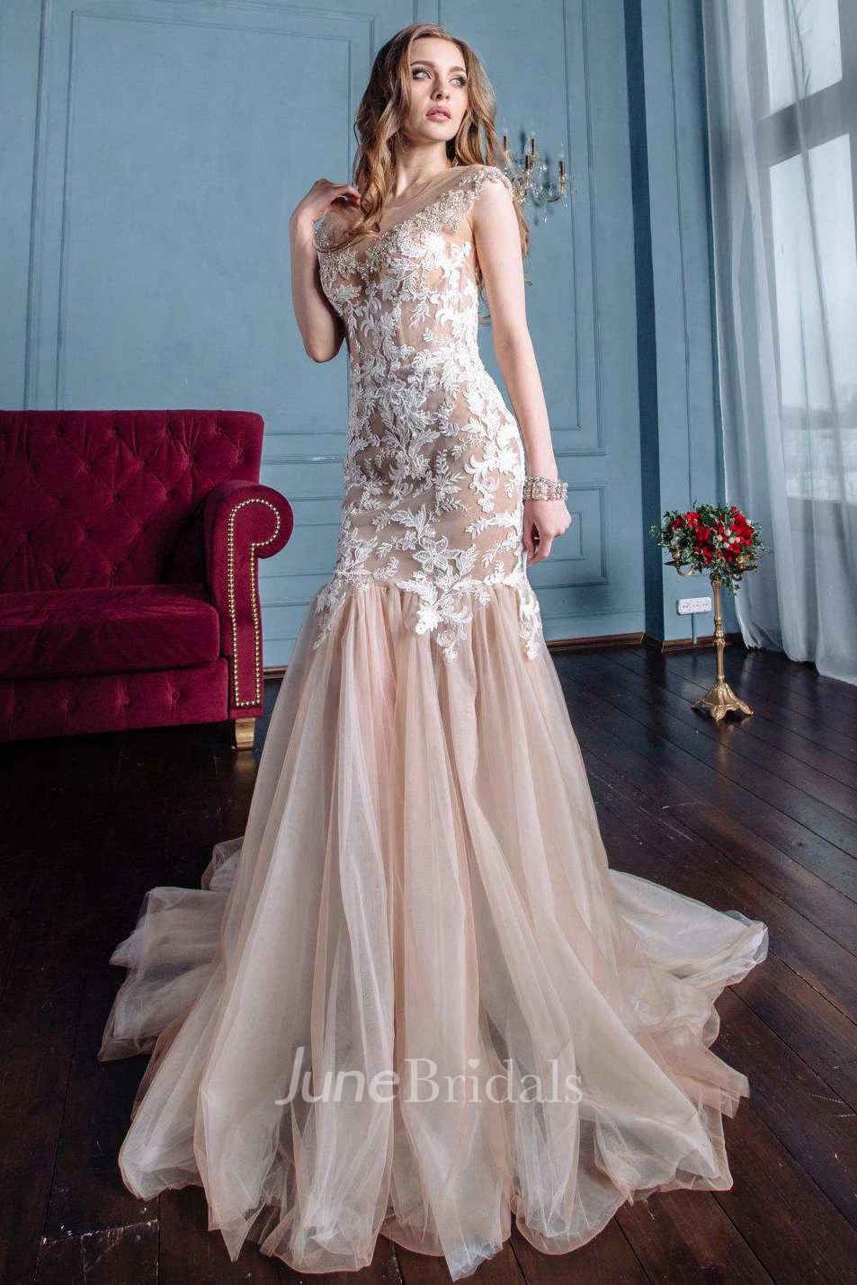 Illusion Cap-Sleeve Tulle Mermaid Dress With Appliques And Sweep Train