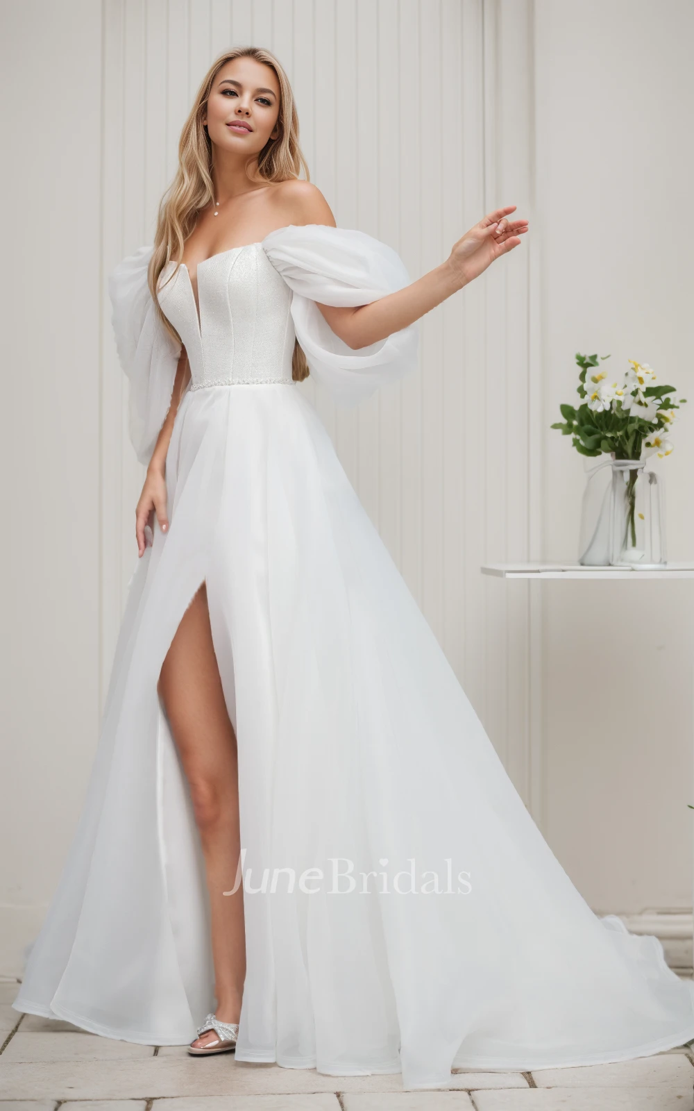 Modern Ethereal A-Line Off the Shoulder Split Front Wedding Dress Beach Notched V-Neck Sleeveless Floor Length Glitter Organza Bridal Gown