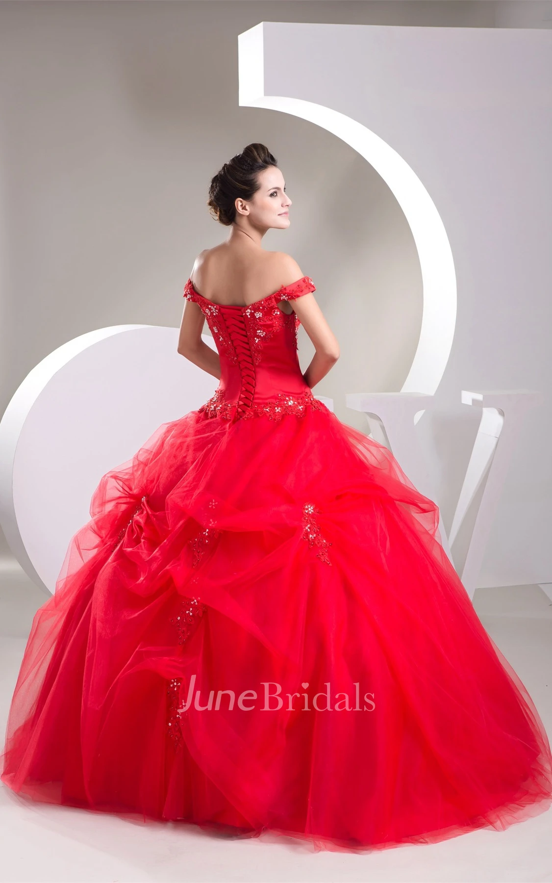 Off-The-Shoulder Ruffled Ball Gown with Appliques and Corset Back