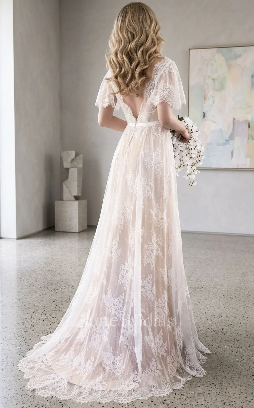 Rustic Boho Lace A-Line Wedding Dress Vintage Petals Flutter Sleeves Bridal Gown for Outdoor Weddings