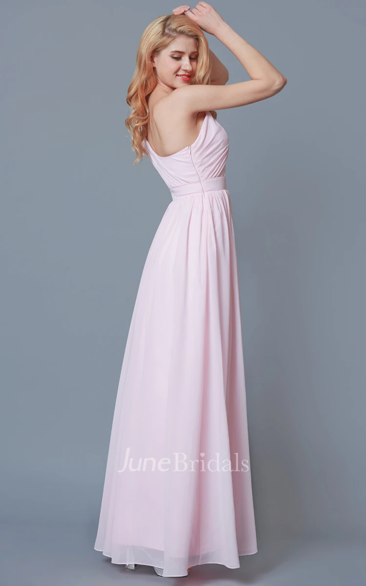 Sleeveless One Shoulder Ruched Chiffon Gown With Sash