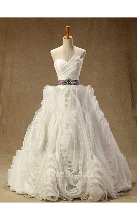 Strapless Lace-Up Back Long Chiffon Wedding Dress With Sash And Ruffles
