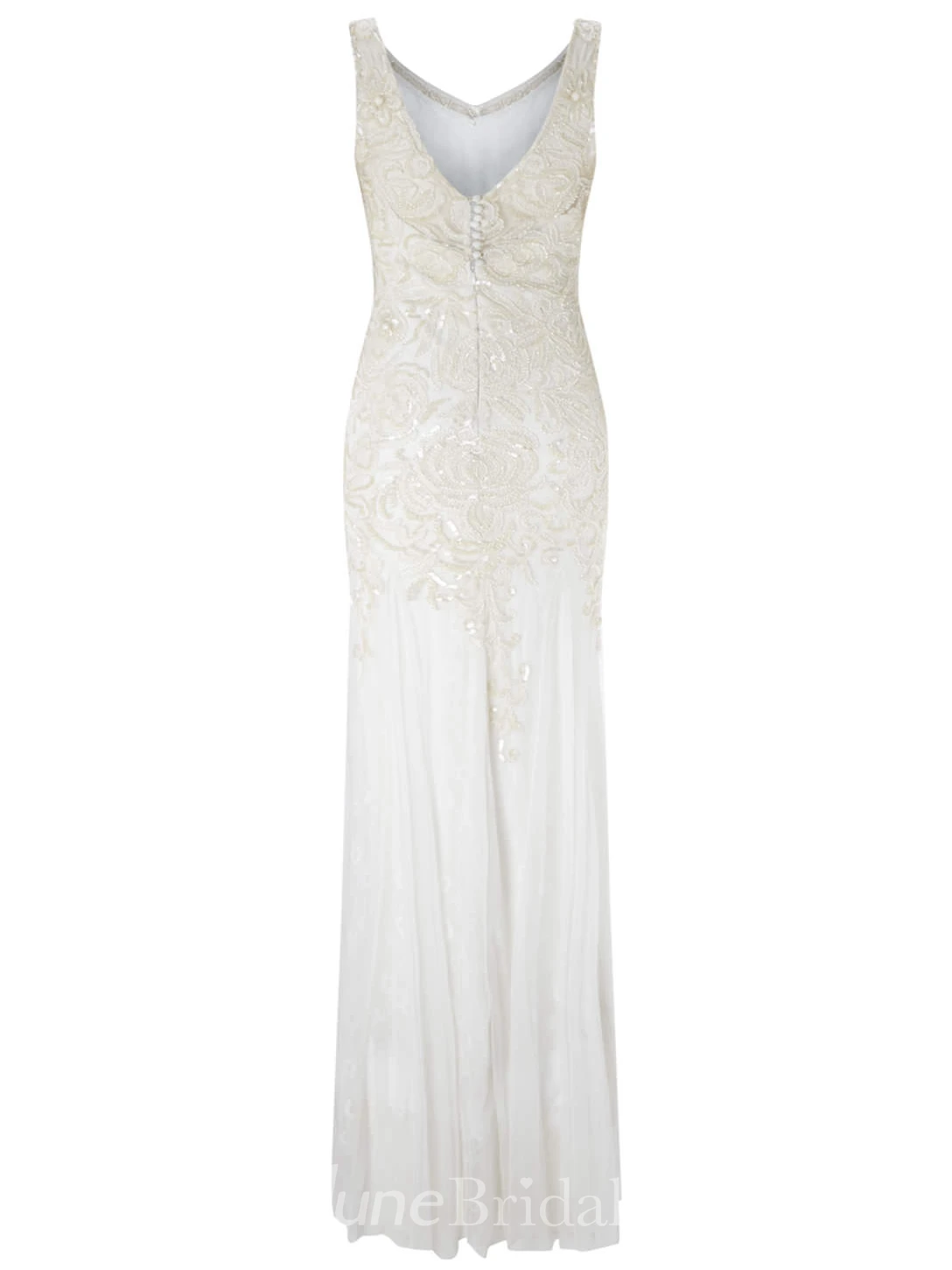 Sheath Sequined V-Neck Sleeveless Tulle Wedding Dress With Beading