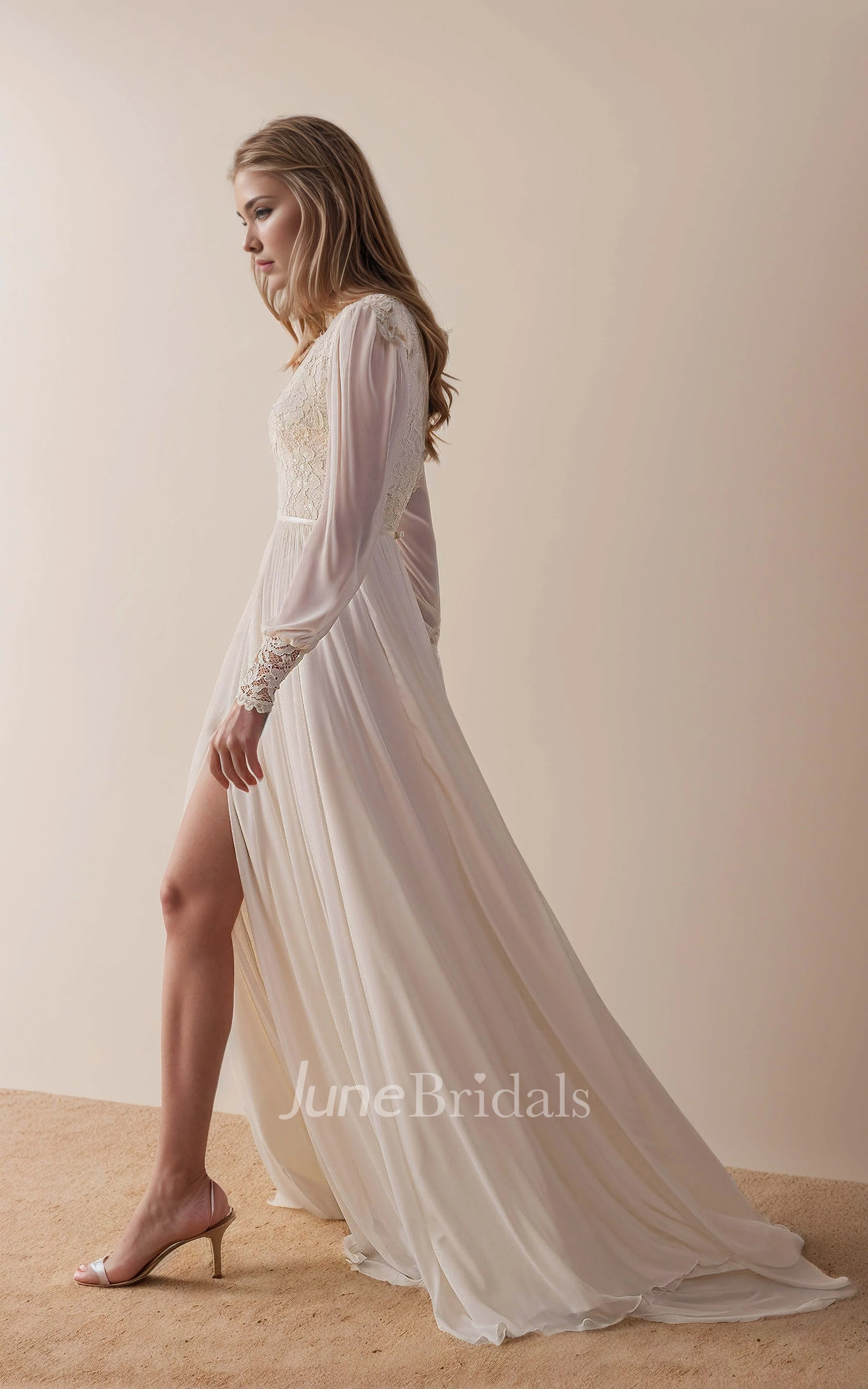 Flowy Floral Boho Lace Long Sleeve A-Line Winter Wedding Dress Elegant Vintage V Neck Low Back Split Front Court Train Chiffon Bridal Gown with Sash