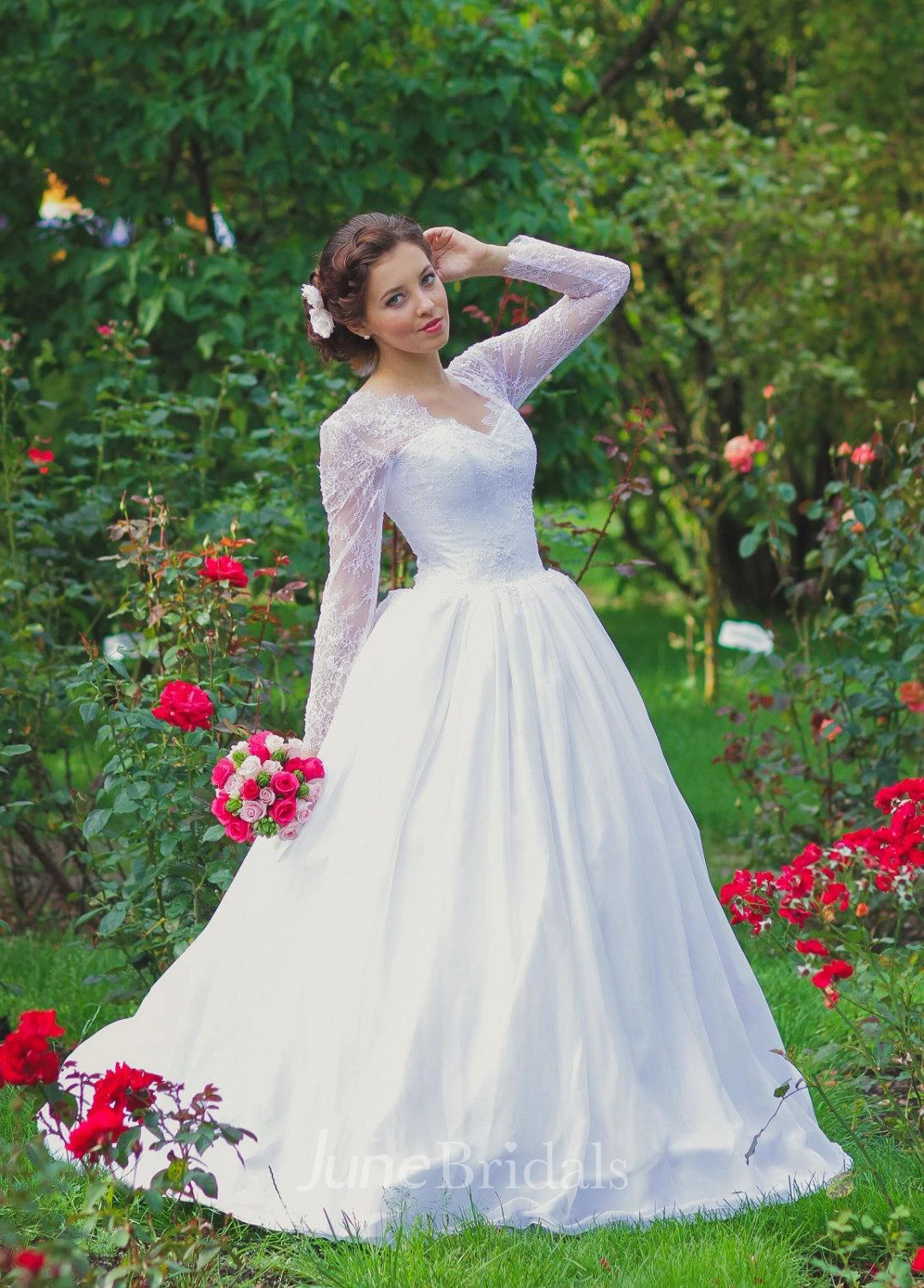 Vintage Inspired Long Lace Sleeves Tulle Wedding Dress With Lace Corset -  June Bridals