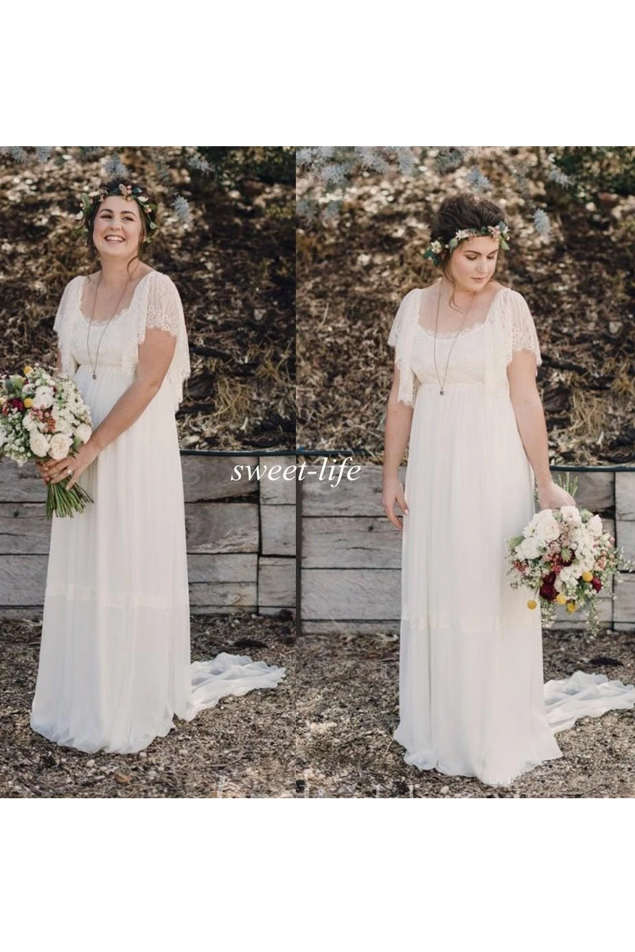 Bohemian Plus Size Lace Short Sleeves Scoop Open Back Warm Wedding Dress