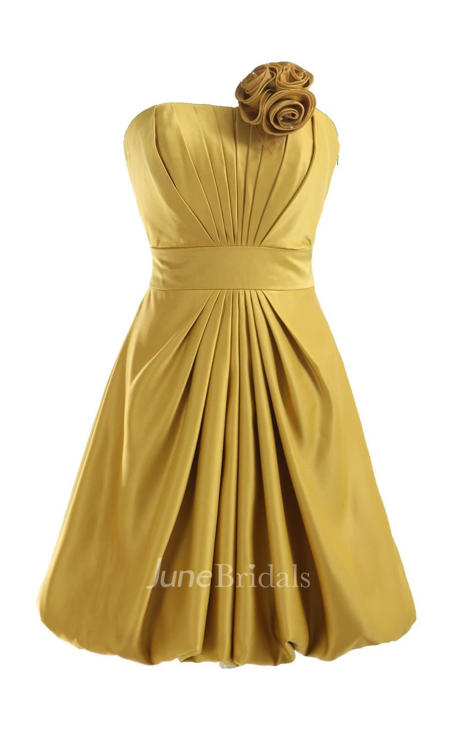 Strapless Appliqued Ruched Bodice Short Pleated Satin Dress