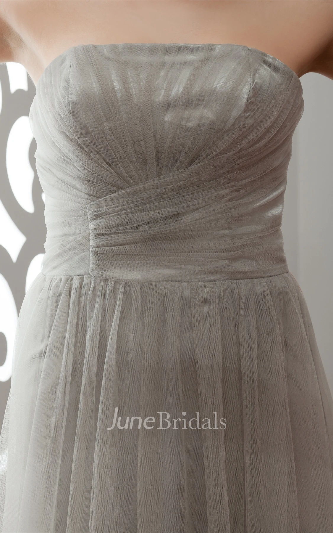 Strapless Tulle Floor-Length Gown with Flower and Pleats