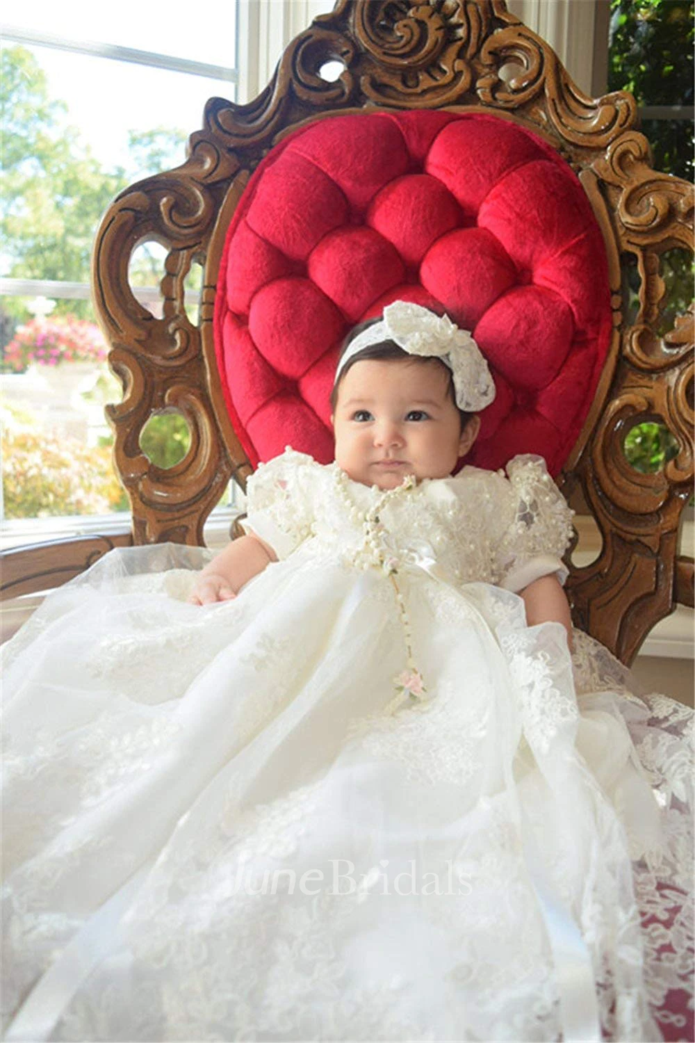 Gorgeous Lace Christening Gown With Delicate Beading And Bow