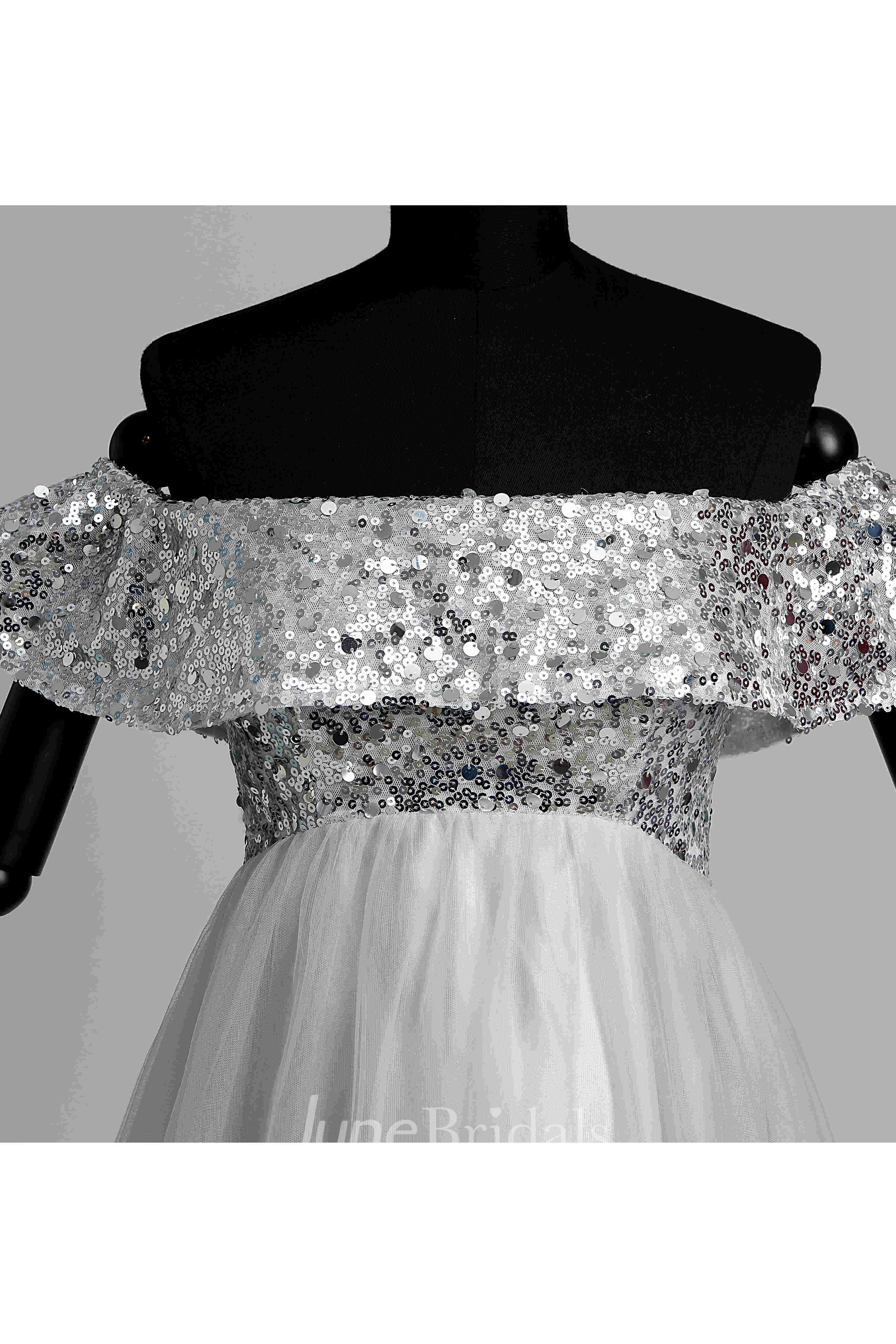 Strapless Sequined Bodice Empire Pleated Tulle Maternity Dress