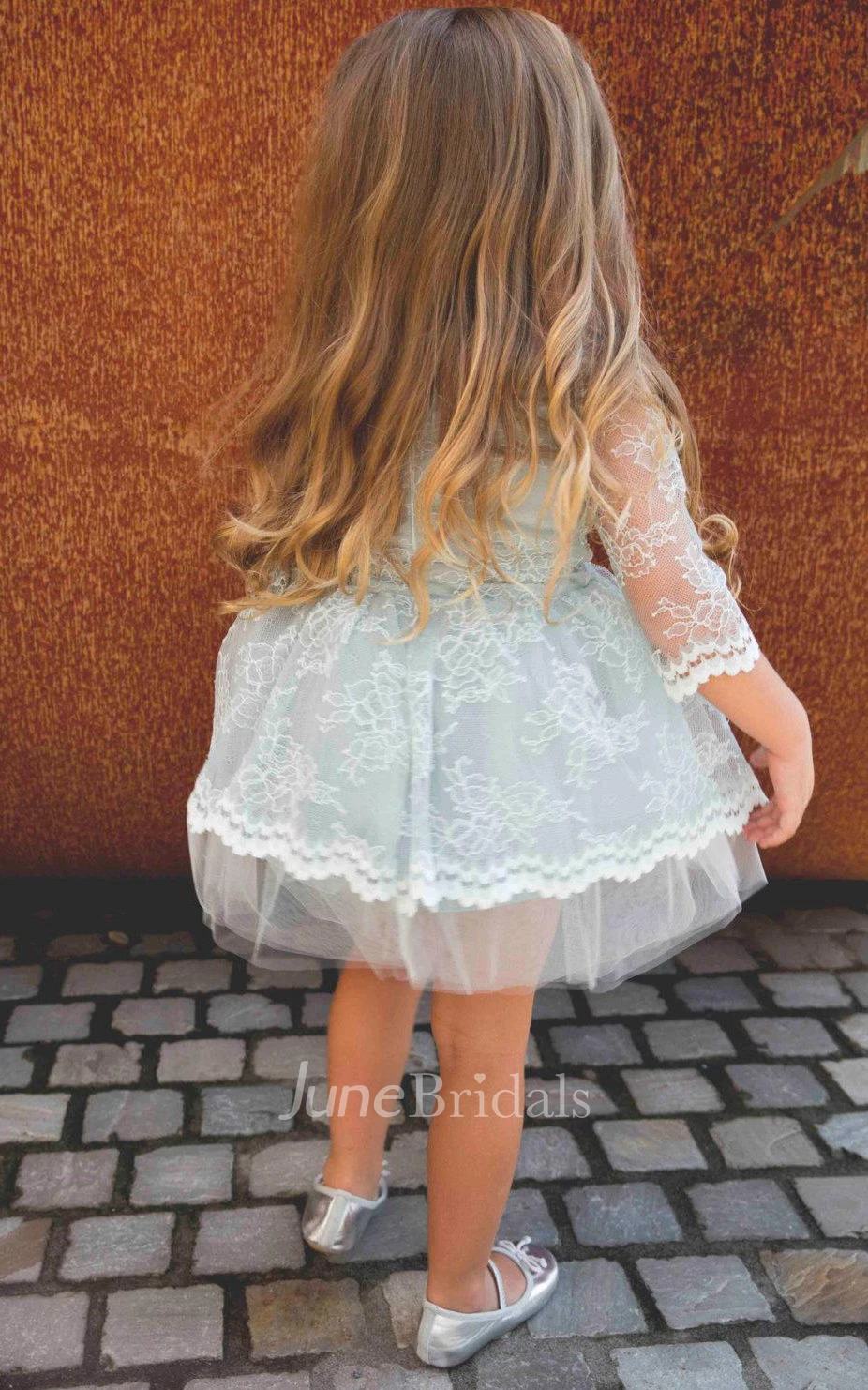 3 4 Lace Sleeve High Neck Tulle&Lace Dress With Flower