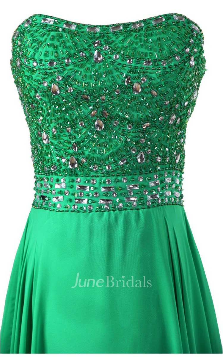 Strapless Long Satin Dress With Beaded Bodice