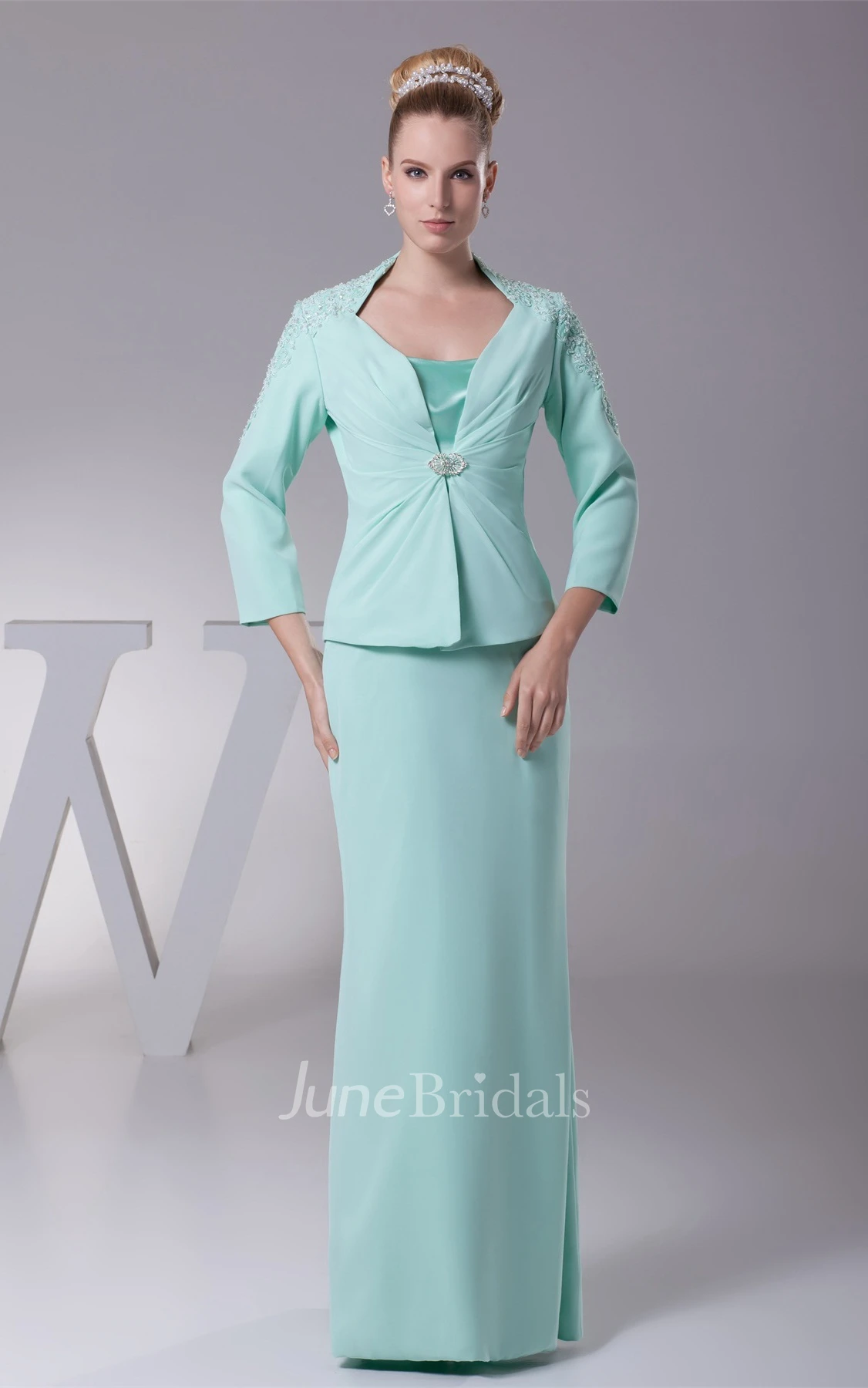 Spaghetti-Strap Sheath Floor-Length Dress with Bolero