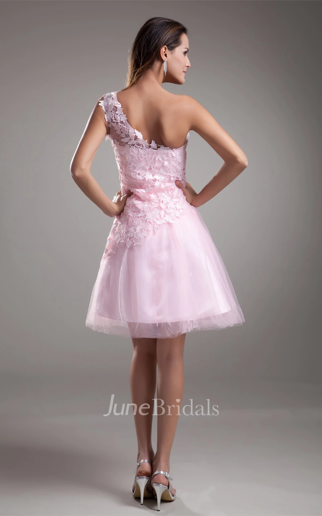 one-shoulder short a-line lace dress with tulle skirt