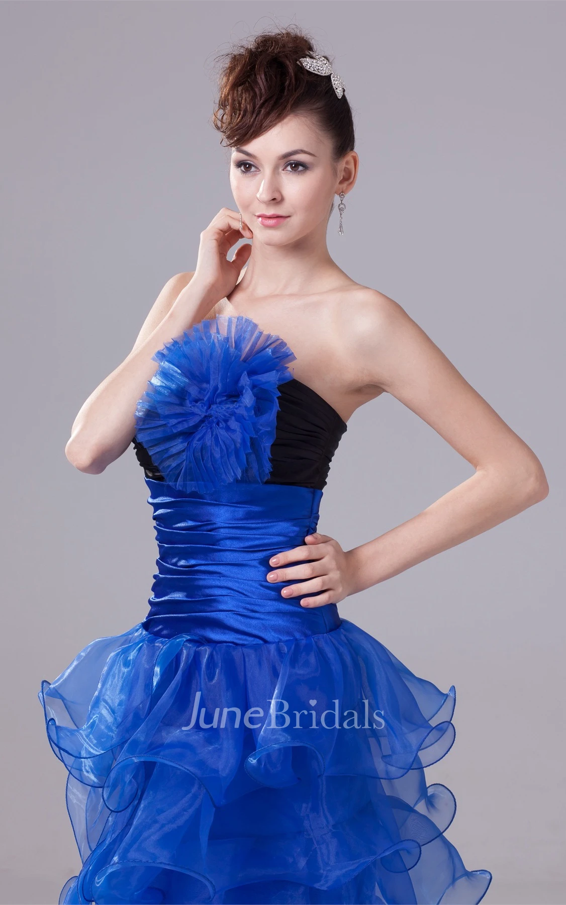 Ruched Strapless Maxi Gown with Tiers and Flower