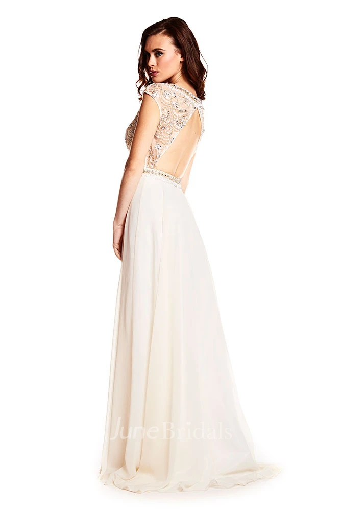 Beaded Bateau Neck Cap Sleeve Chiffon Prom Dress With Keyhole