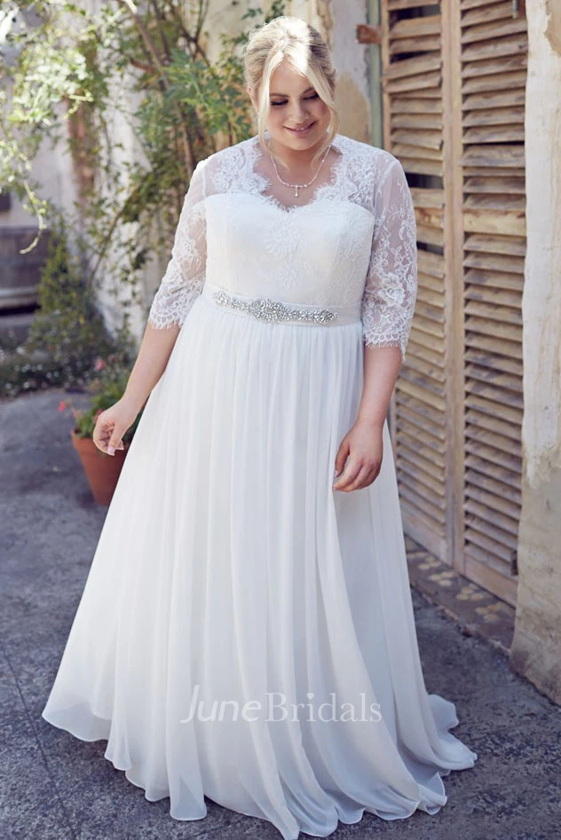 Jeweled Half-Sleeve V-Neck Chiffon Plus Size Wedding Dress With
