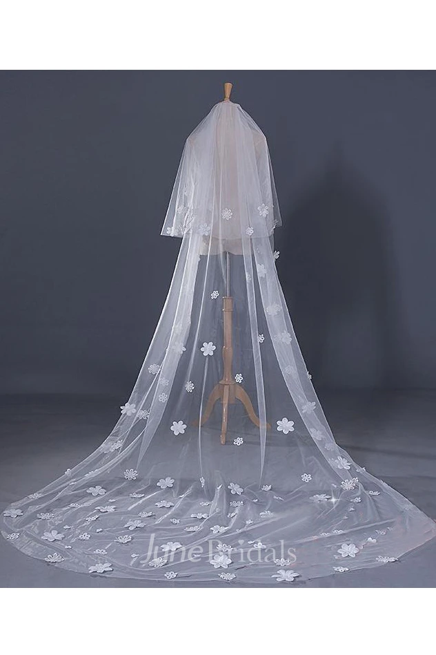 Latest Ethereal Style Cathedral Wedding Veil with Flower Appliques