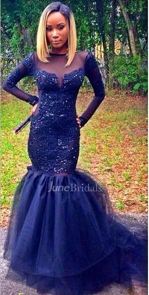 Sparkly Navy Blue Long Sleeve Prom Dresses Mermaid Appliques