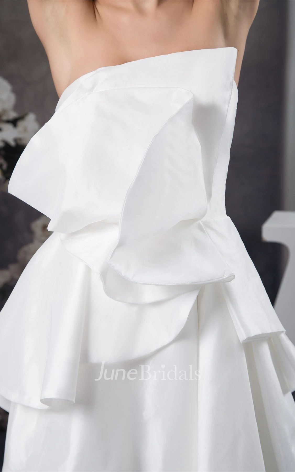 Strapless High-Low Satin Gown with Draped Design