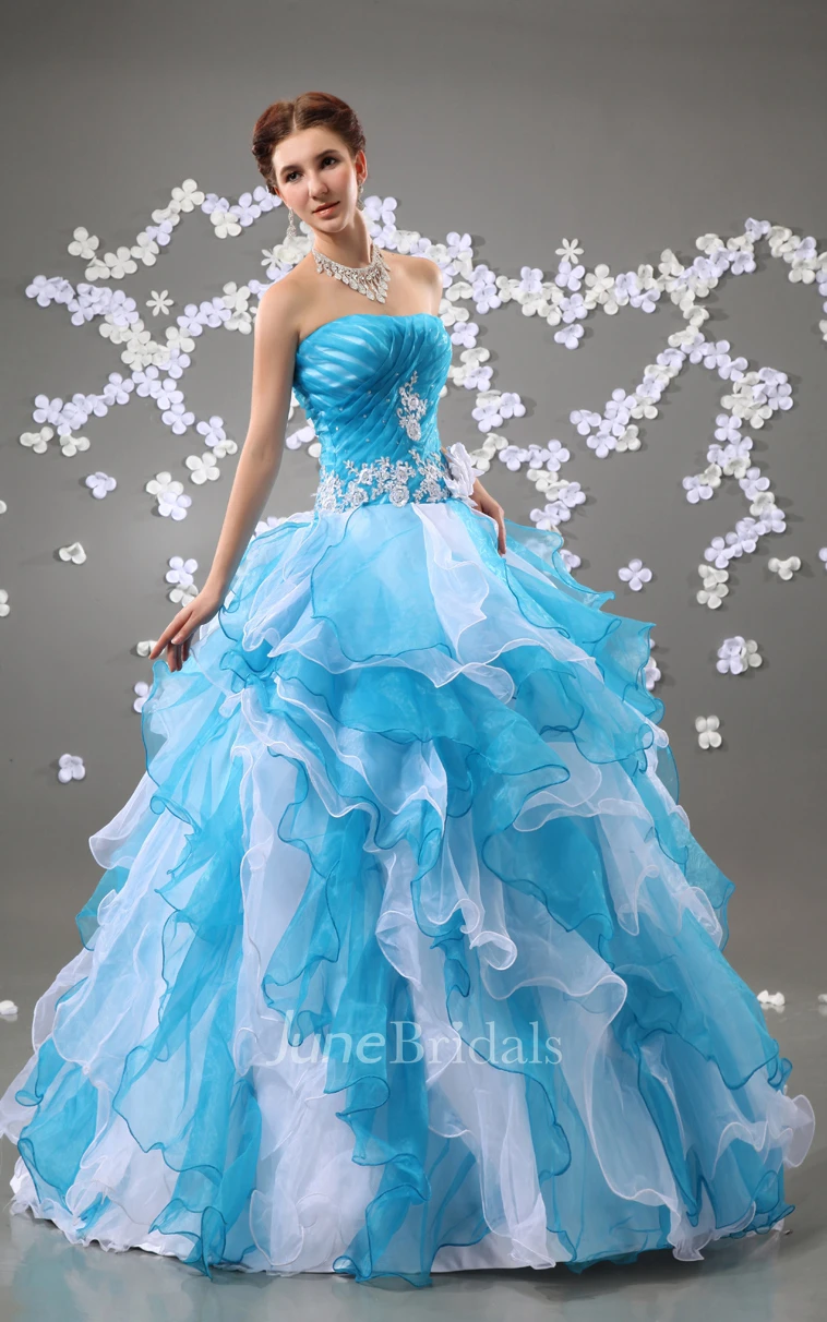 A-Line Floral Strapless Chic Ball Gown With Crystal Detailing And Ruffles
