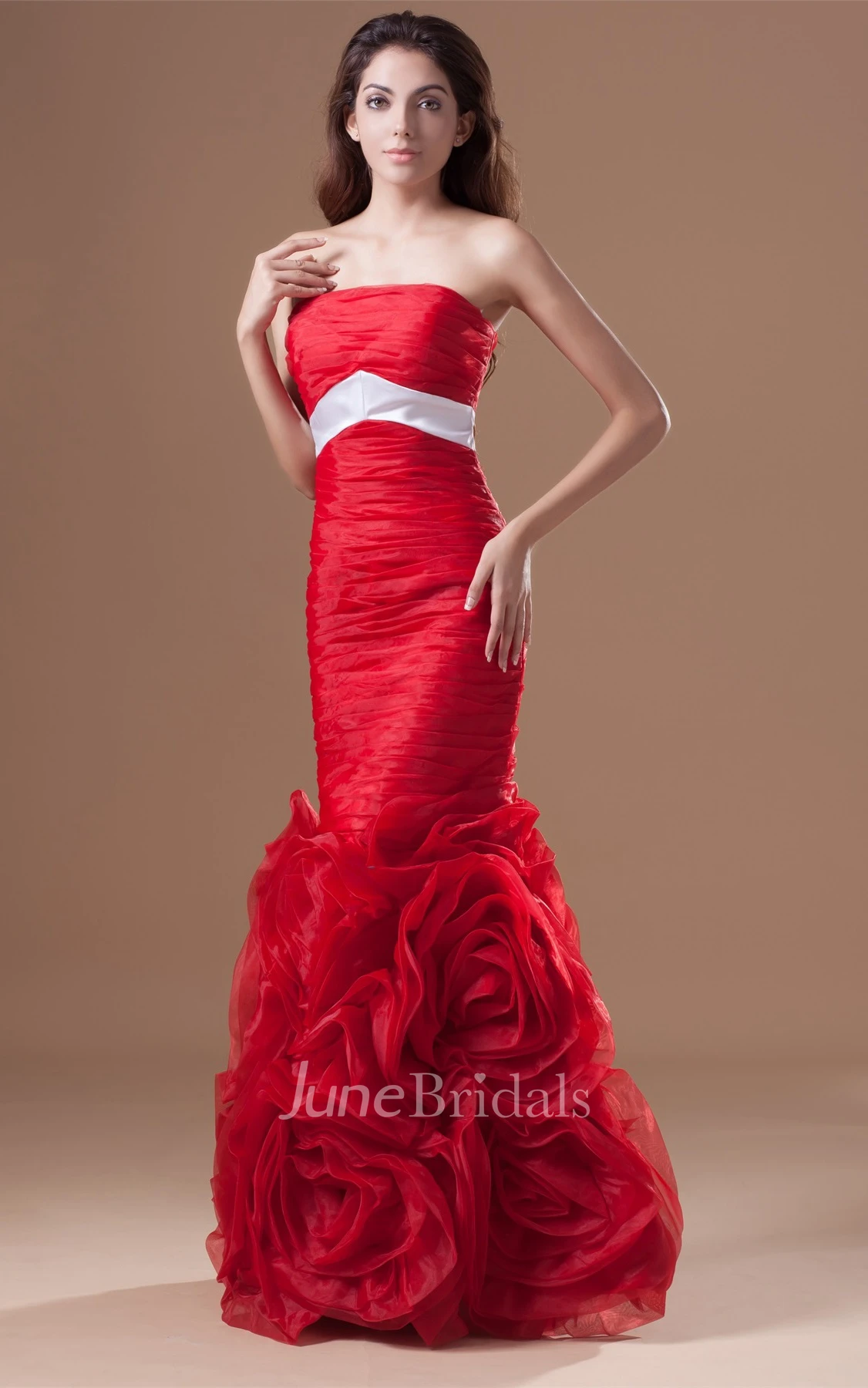 strapless mermaid organza dress with floral skirt and ruching