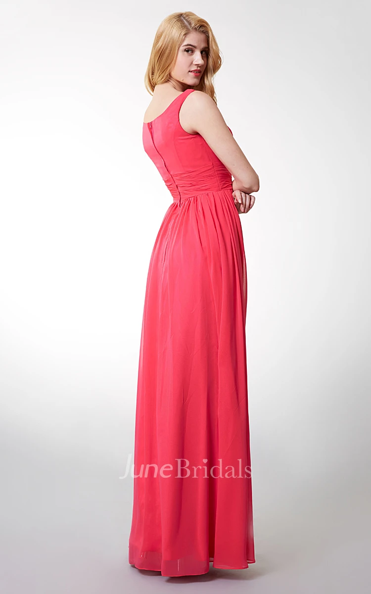 Squared Neckline Waist Gathered Chiffon Long Dress With Bandage