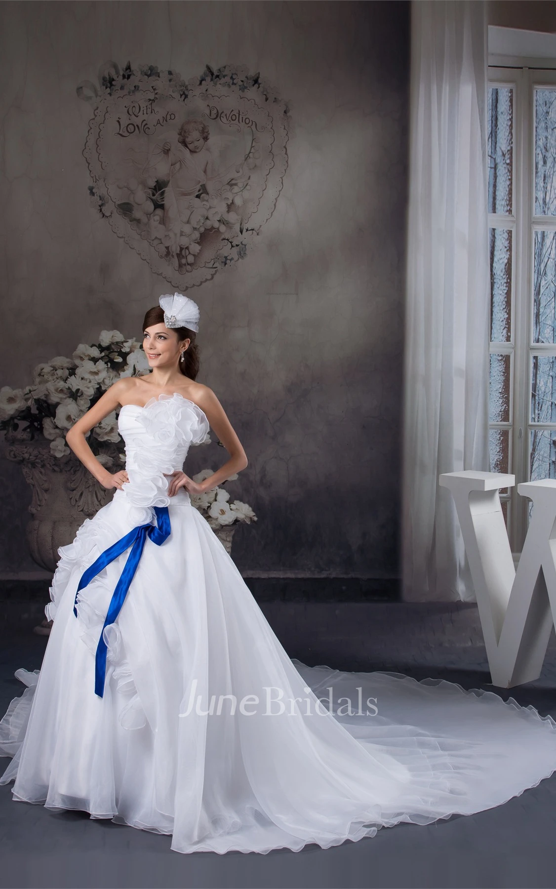 Strapless Ruched Pick-Up Gown with Flower and Ribbon