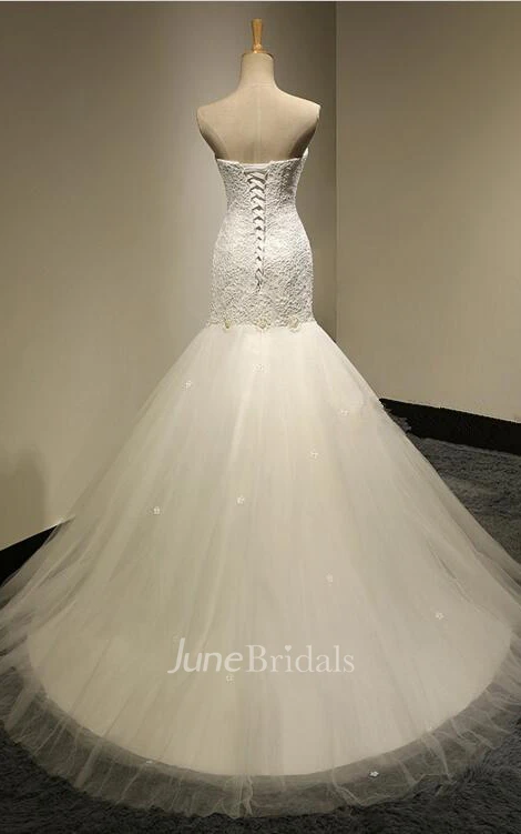 Long Mermaid Tulle Wedding Dress With Appliques And Court Train