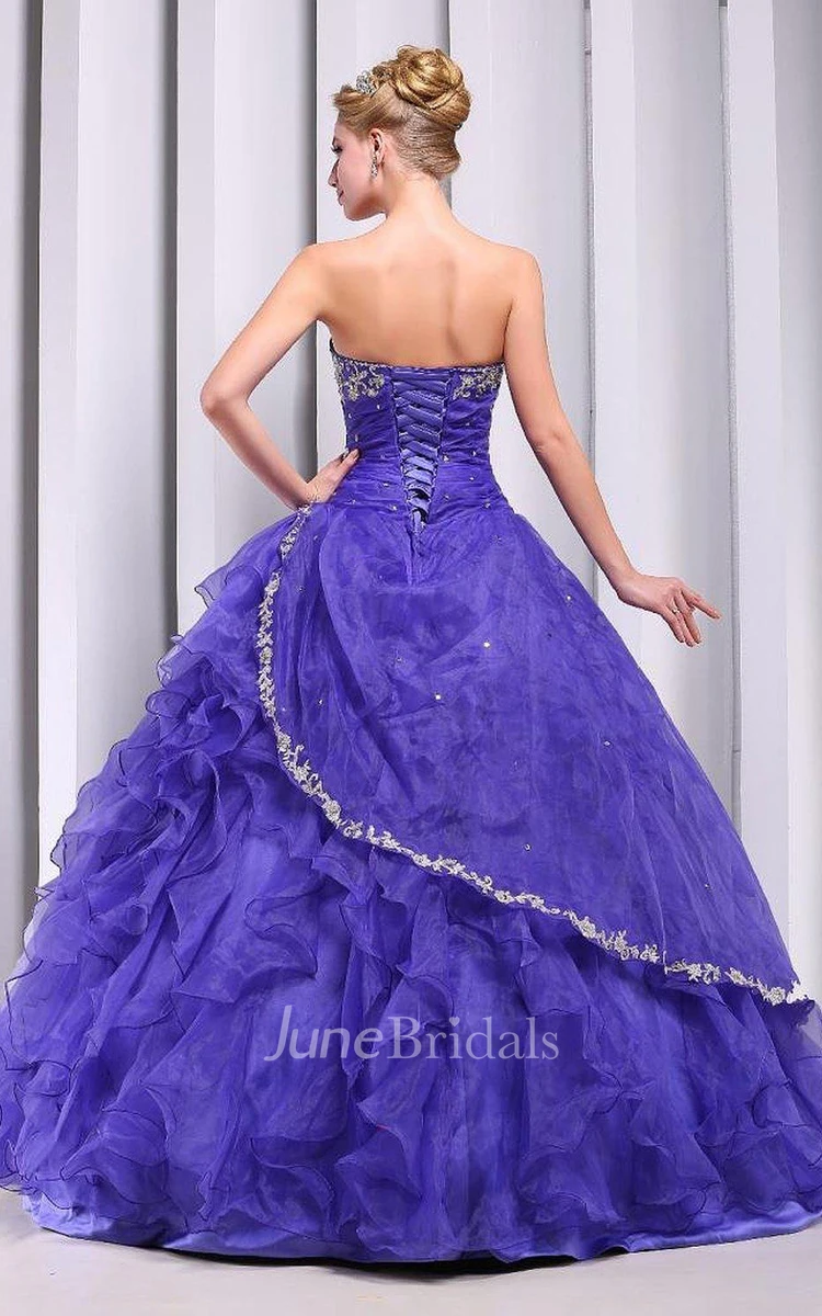 Strapless Ball Gown With Ruffles and Appliques