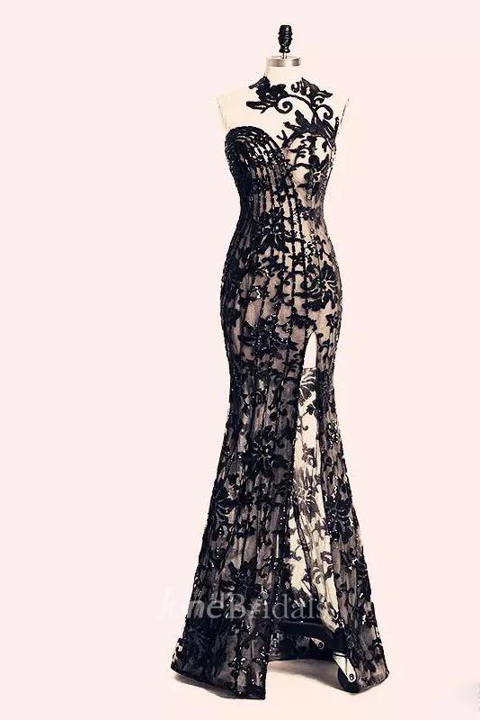 Bateau Lace Sexy Modern Bodycon Floor-length Sleeveless Open Back Zipper Lace Evening Dress 