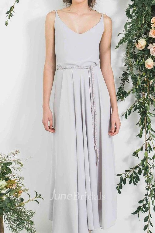 Ankle-Length Sleeveless Spaghetti Pleated Chiffon Bridesmaid Dress