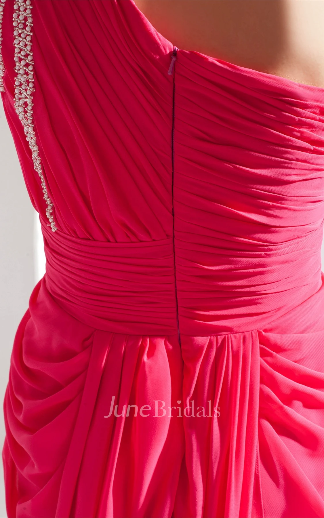 One-Shoulder Chiffon Beaded Dress with Central Ruching and Brush Train