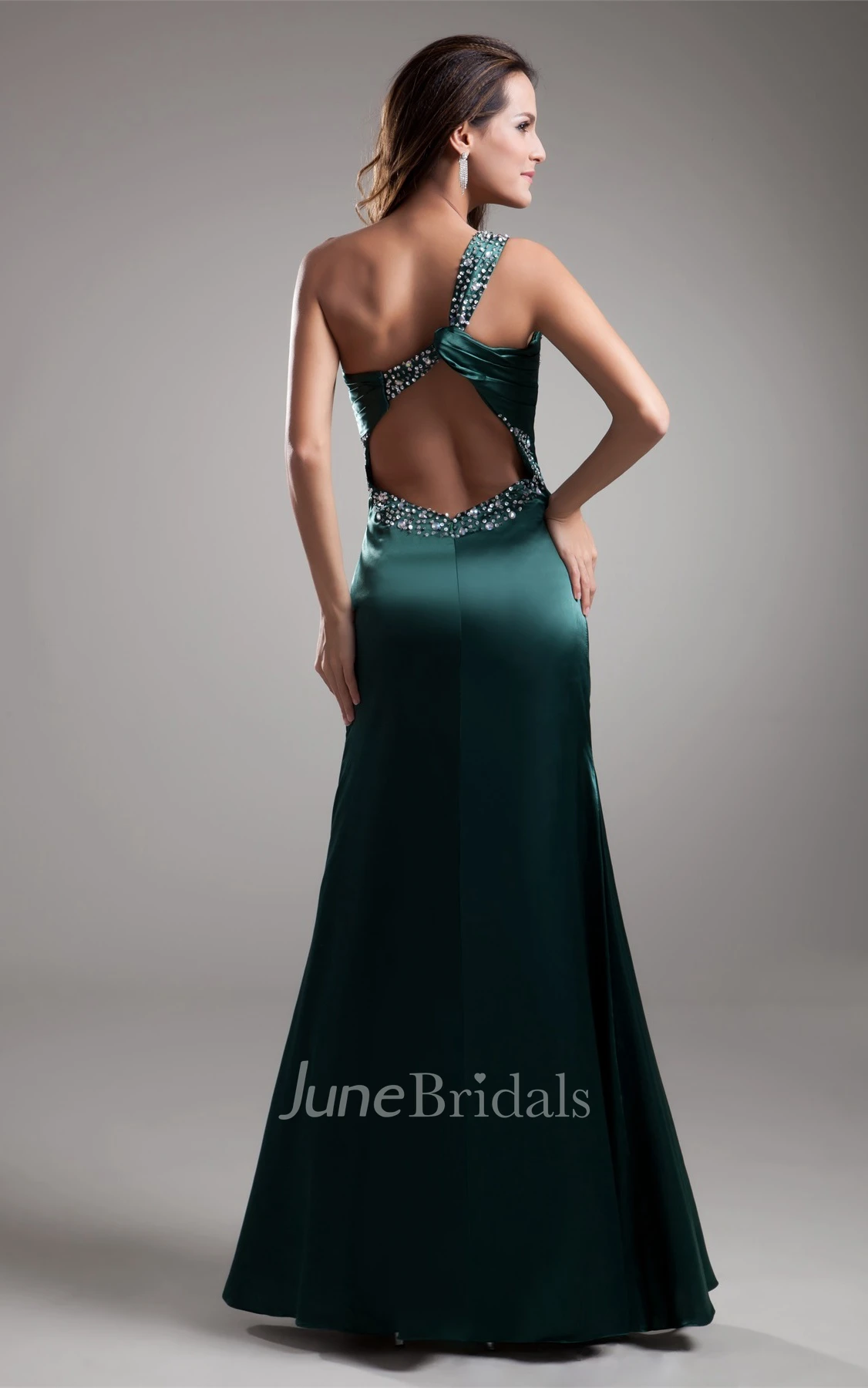 One-Shoulder Satin Mermaid Gown with Rhinestone and Keyhole Back