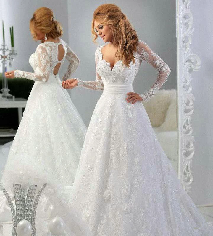 Arabic Long Sleeve Lace Appliques Bridal Gowns Sweetheart