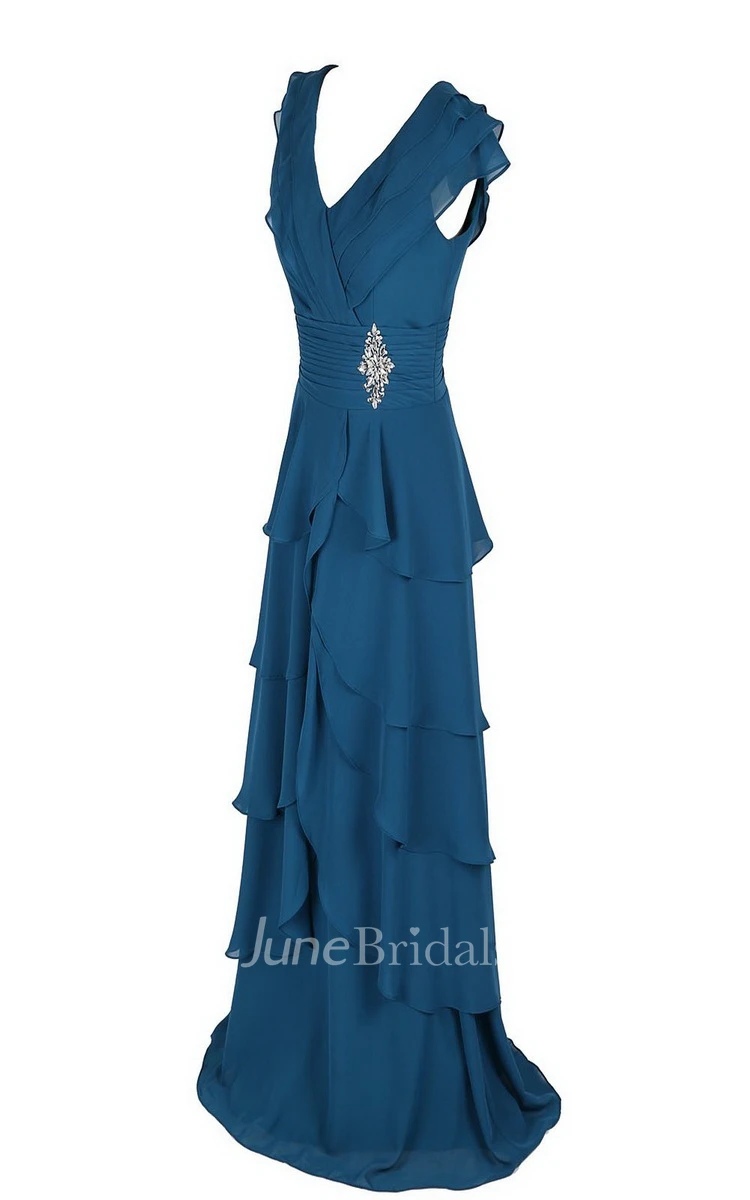 V-neck Tiered Chiffon A-line Gown With Crystal Detail