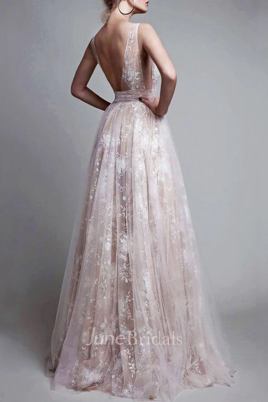 Princess V-neck Floor Length Tulle Sleeveless Applique Dress Online