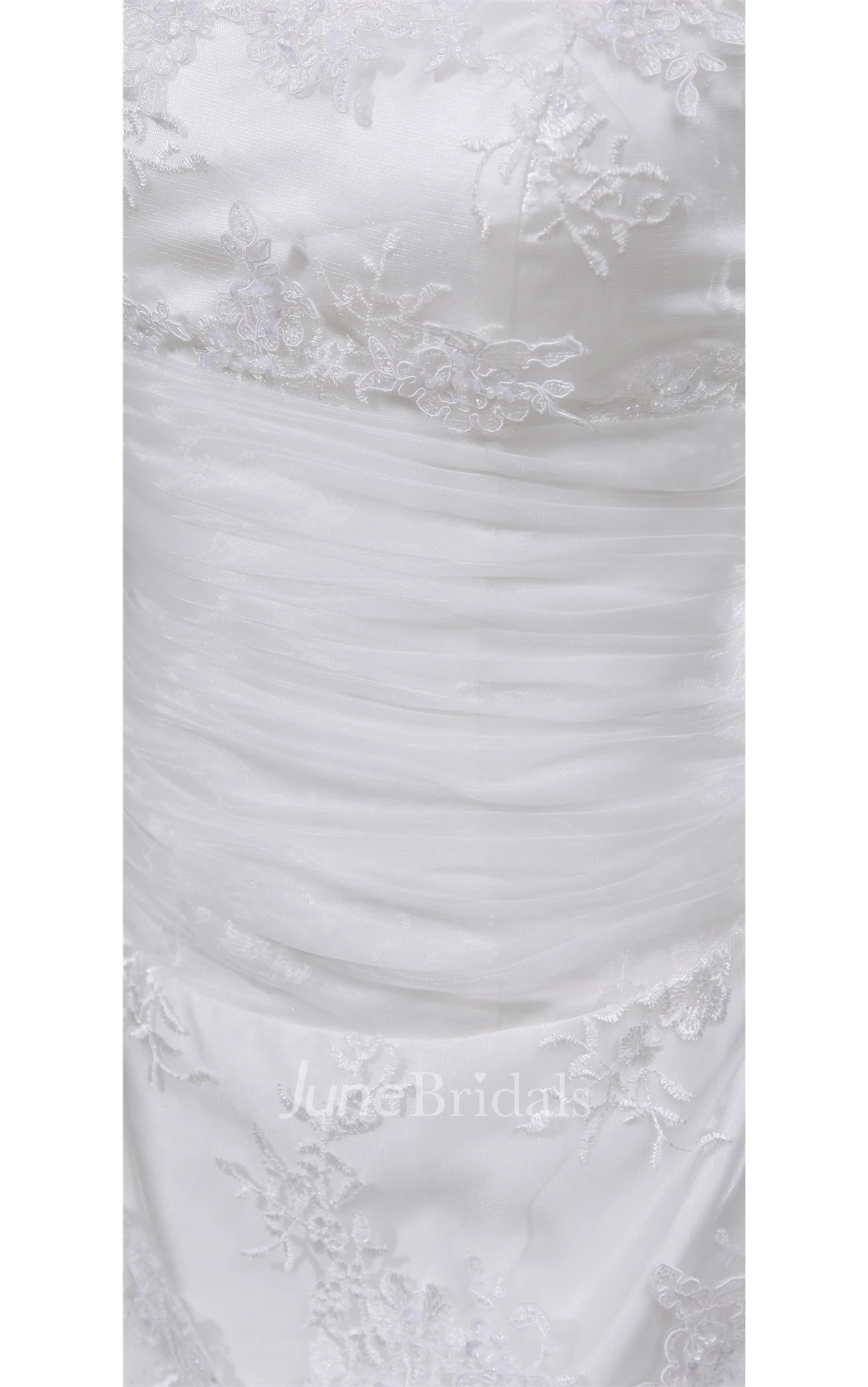 Long Strapless A-Line Lace Gown with Tulle Overlay and Cinched Waistband