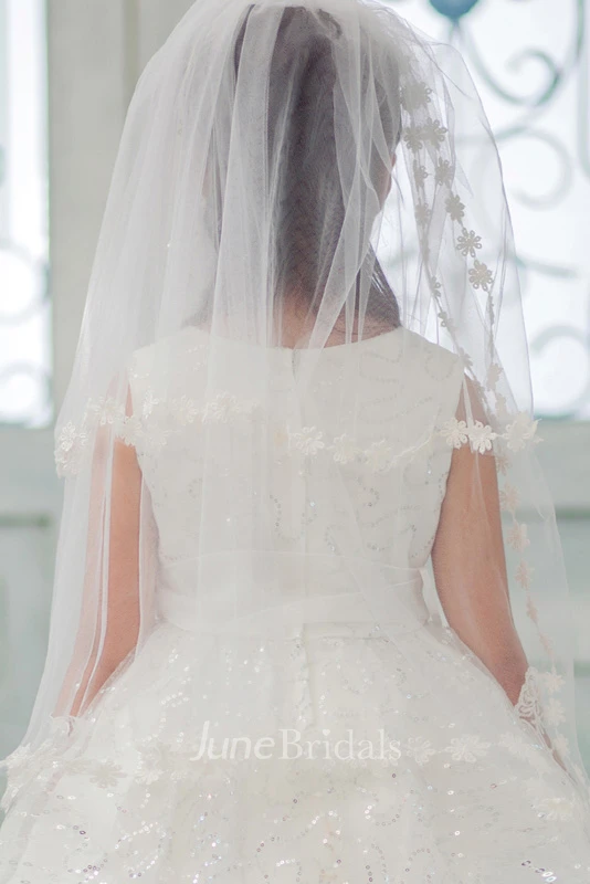 Princess Crown Flower Applique Tulle Flower Girl Veil Accessories