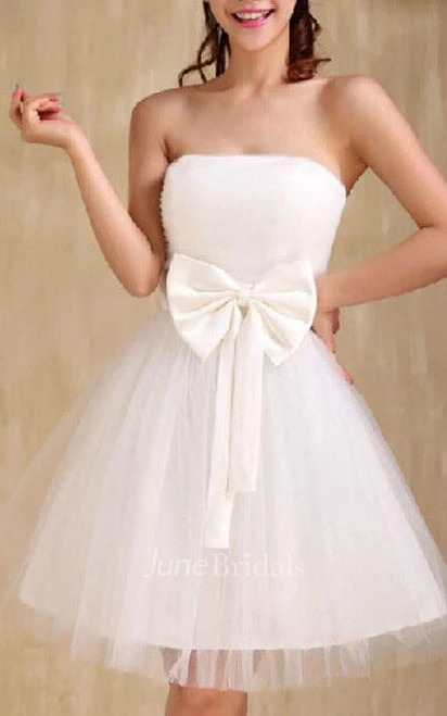 Mini A-line Strapless Pleats Bow Straps Tulle Dress