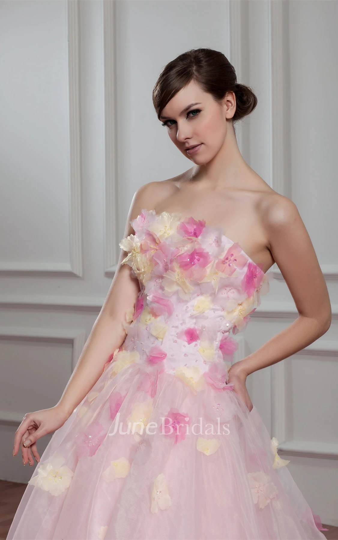 Floral A-Line Dress with Pleats and Sweep Train