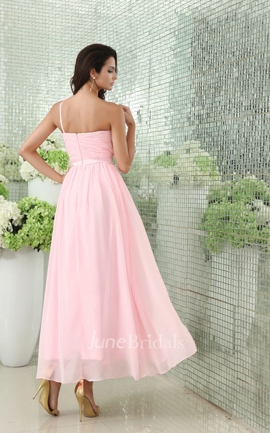 Empire Ankle-Length Dress With Floral Strap And Crisscross Ruching