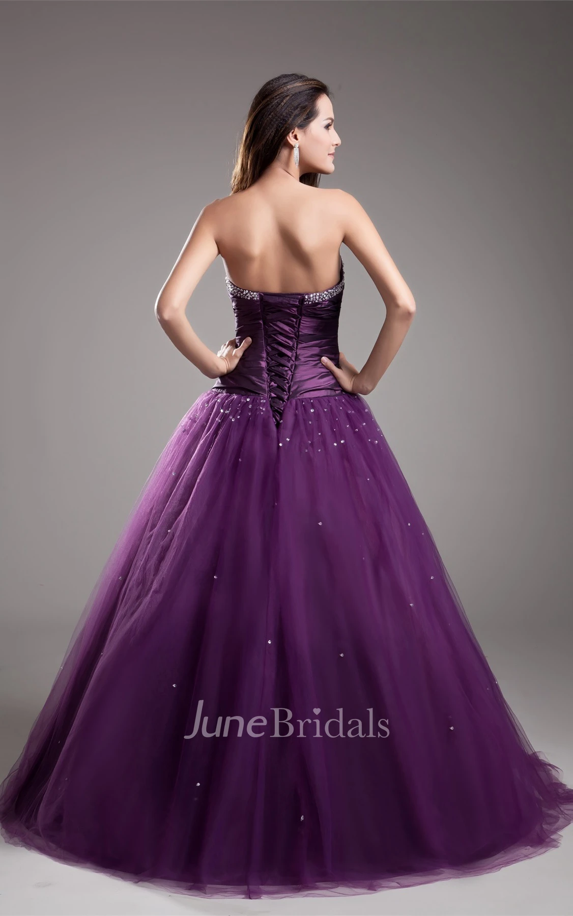strapless a-line ball pleated gown with jeweled top